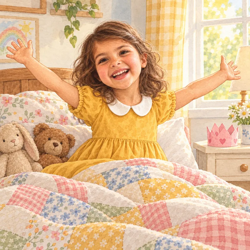 Ava wakes up in bed in the morning, stretching her arms wide with a big smile