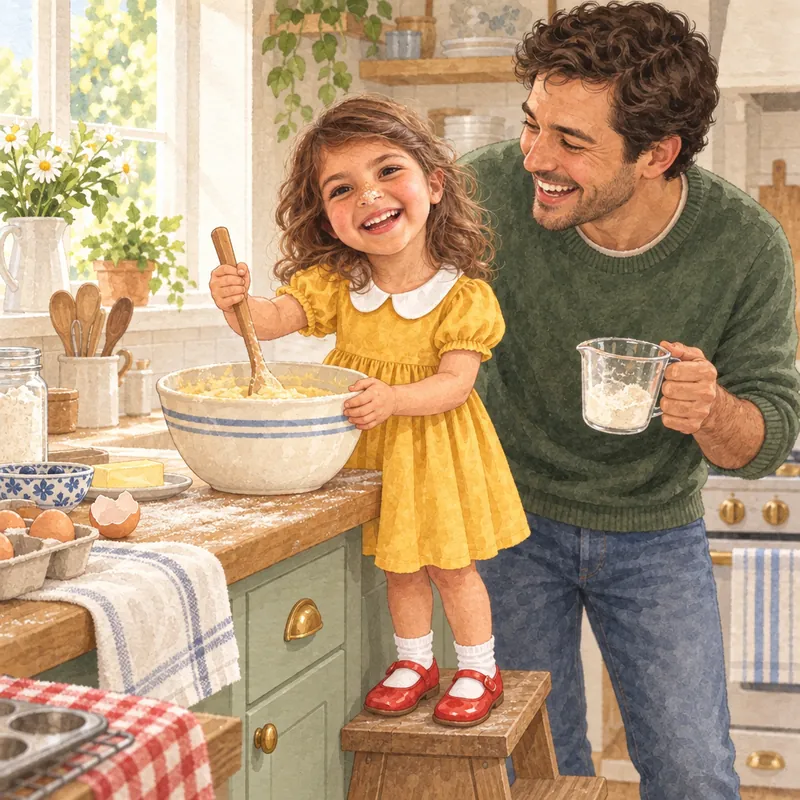 Ava and her dad stir cake batter together in a big bowl in the kitchen