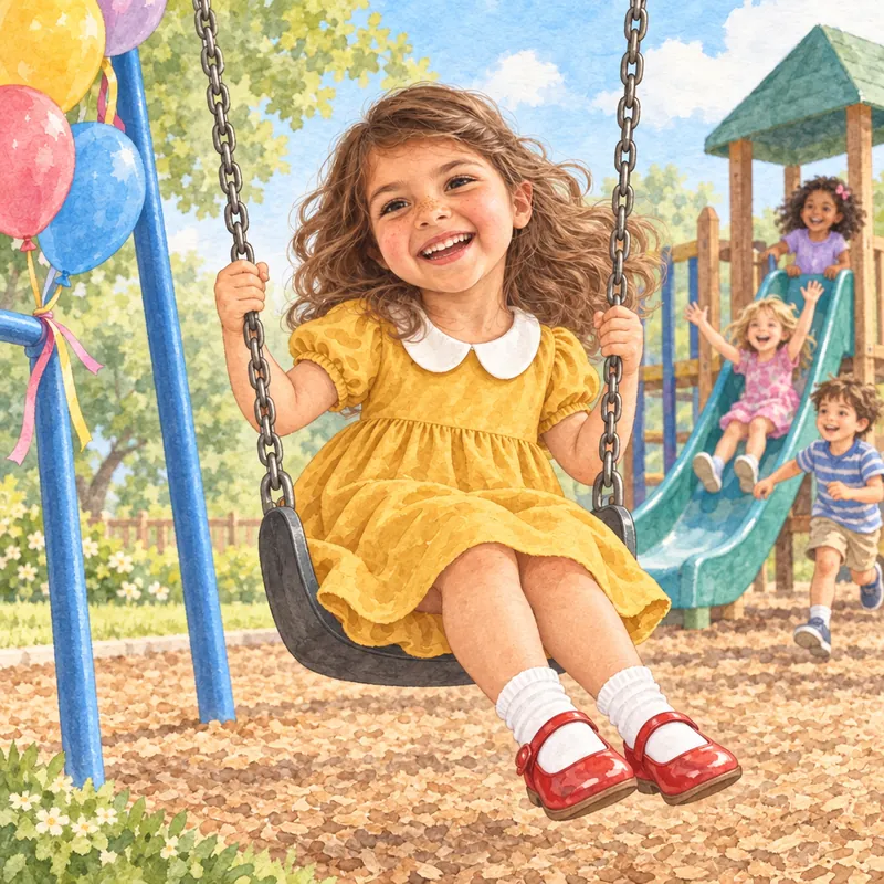 Ava laughs on a park swing with birthday balloons tied to the swing set