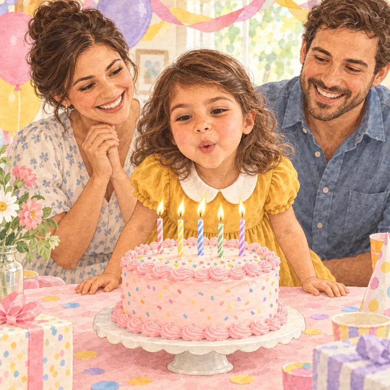 Ava blows out five candles on her birthday cake while Mom and Dad cheer