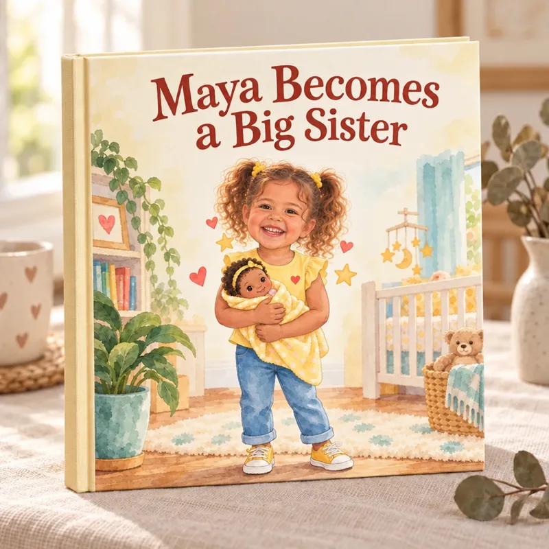 Example hardcover storybook, Maya Becomes a Big Sister, with a smiling girl in a yellow tee holding a baby doll