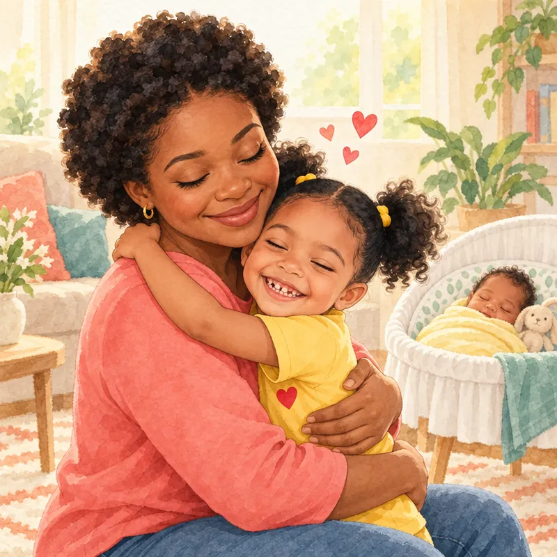 Mom gives Maya a big warm hug while baby Leo sleeps in his bassinet