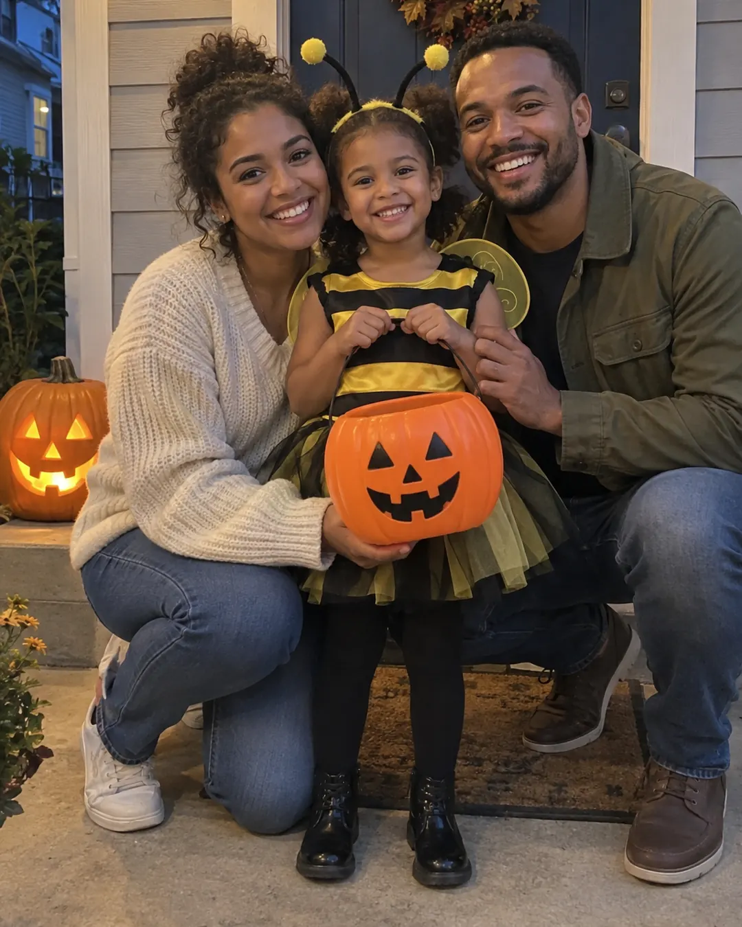 A girl in a bumblebee costume holding a pumpkin bucket on a porch at dusk, her mom and dad crouched beside her