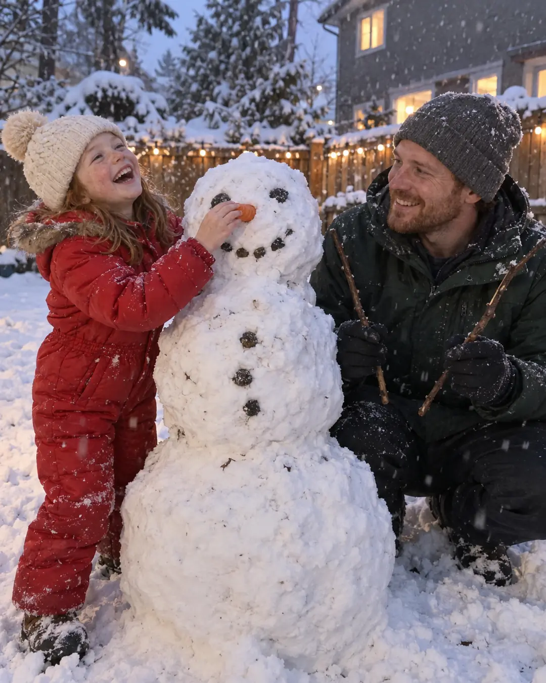 A girl in a red snowsuit laughing as she gives a snowman its carrot nose, her dad holding up the twig arms