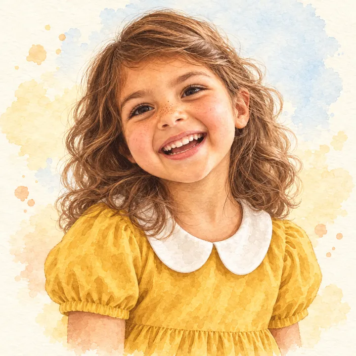 Ava drawn in soft storybook watercolor