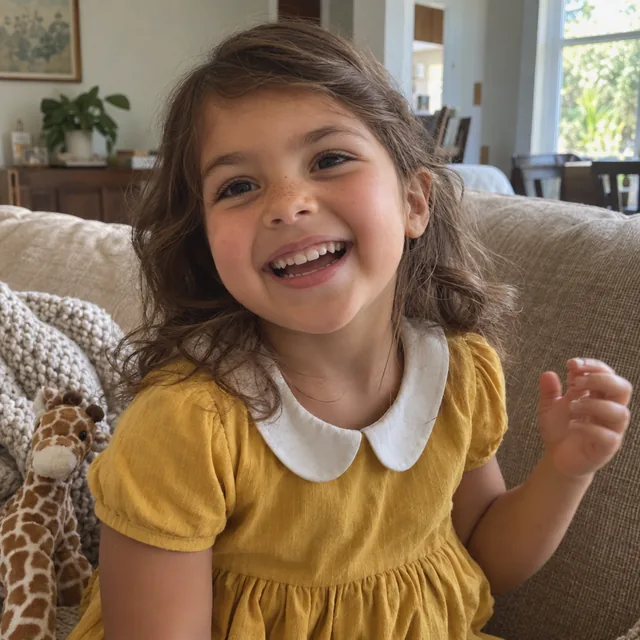 Sample photo of Ava, a laughing girl with wavy shoulder-length brown hair and freckles