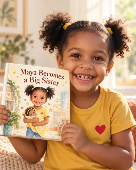A girl holds her book up next to her face, her real smile beside her illustrated one
