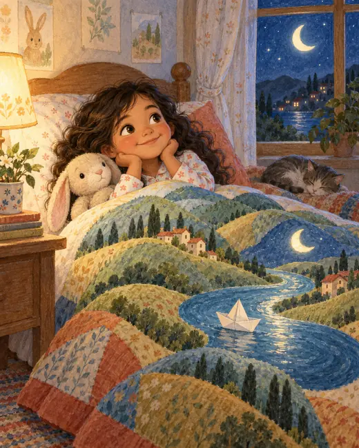 A girl in bed as her quilt becomes hills under the moon, watercolor