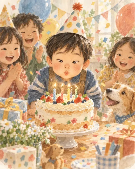 A boy in a party hat blowing out birthday candles, watercolor