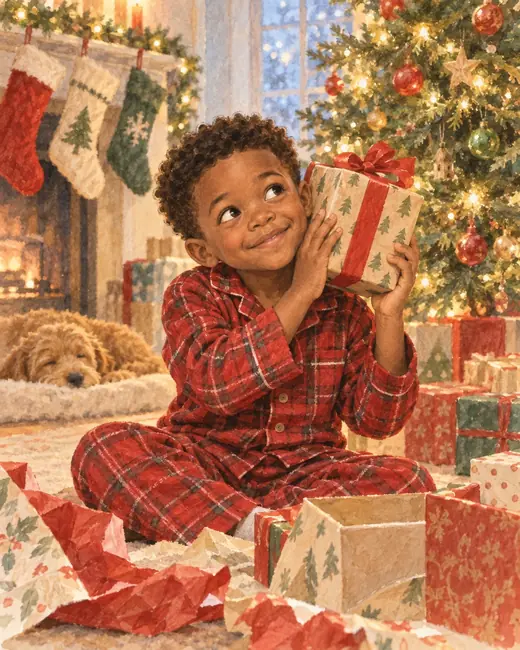 A boy in plaid pajamas holding a present under a Christmas tree, watercolor