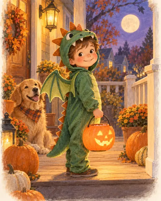 A boy in a dragon costume holding a pumpkin bucket, watercolor