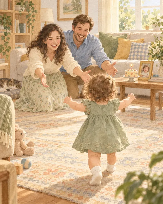 A toddler taking her first steps toward her mom and dad, watercolor