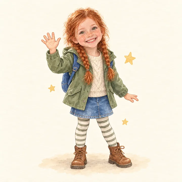 Zoe illustrated in watercolor, waving, in her green raincoat with a blue backpack