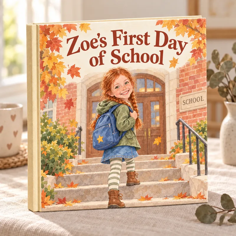 The finished hardcover book, Zoe's First Day of School, with Zoe on the cover
