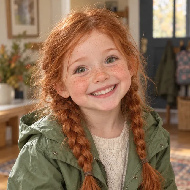 Sample photo of Zoe, a freckled girl with red braids and a big grin